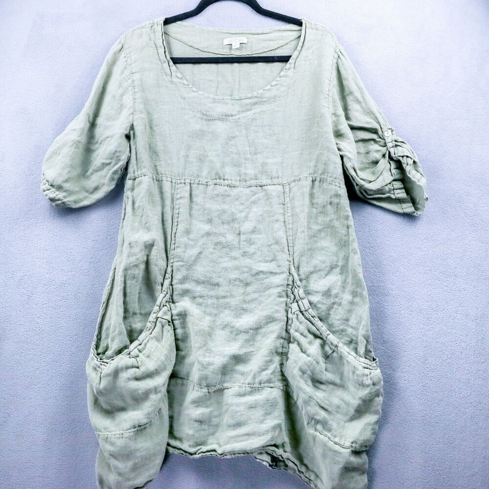 Vasna 100% Linen Made in Italy Green Lagenlook Tunic Mini Dress Size Medium